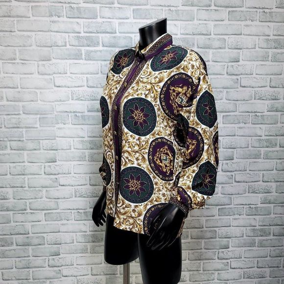 Vintage 80s 90s Thats Me! Womens S/M Multi Ornate Filigree Long Sleeve Button Up - Picture 4 of 8